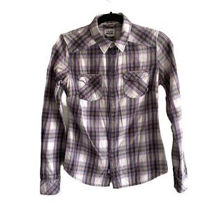 ARITZIA Tna Plaid Flannel Long Sleeve Button Front Shirt Blouse Purple White XS